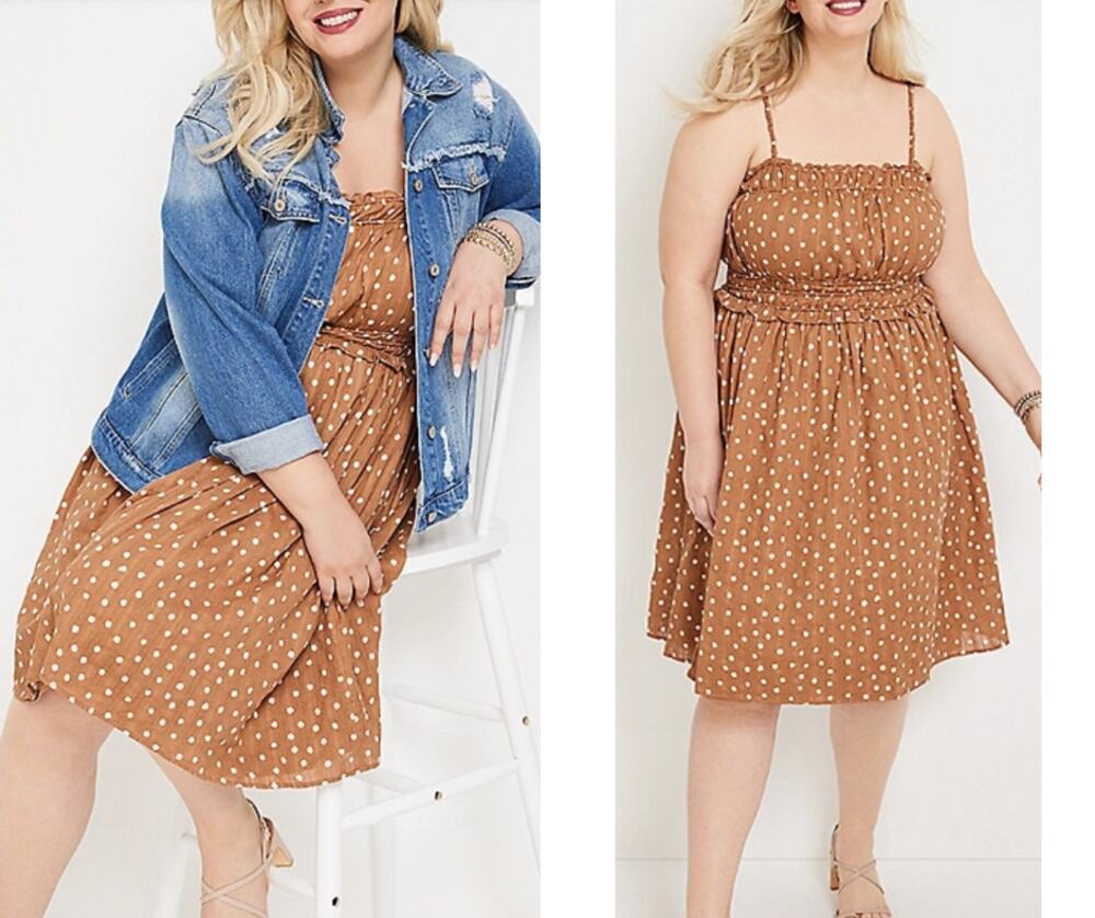 Maurices Brown Polka Dot Smocked Midi Dress Cotton Fit Flare Sleeveless Size 0X